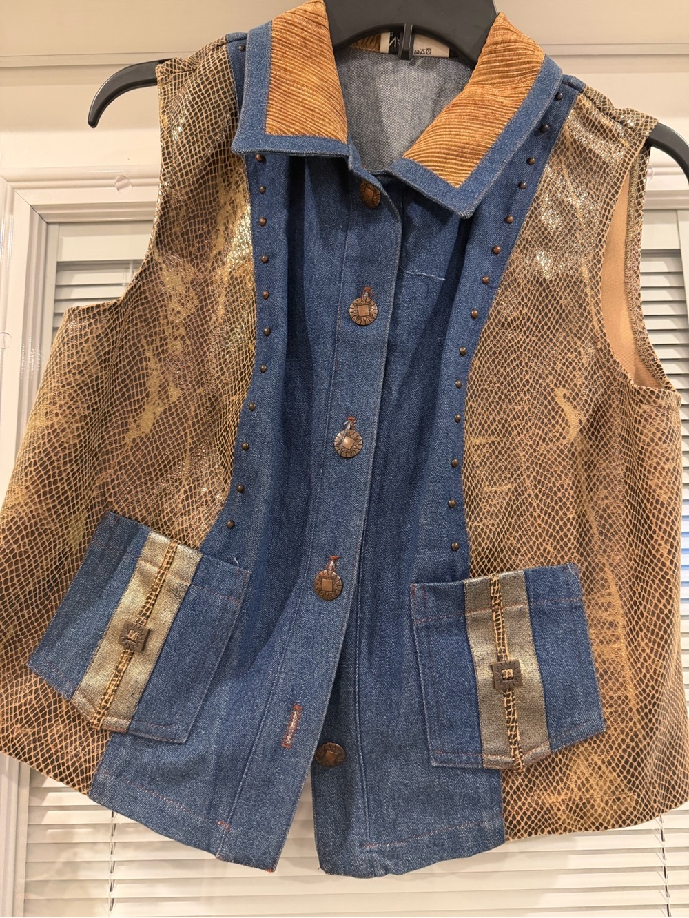 Vintage Y2k Nancy Bolen Denim & Brown Suede Snake Skin Print Vest - Picture 3 of 8